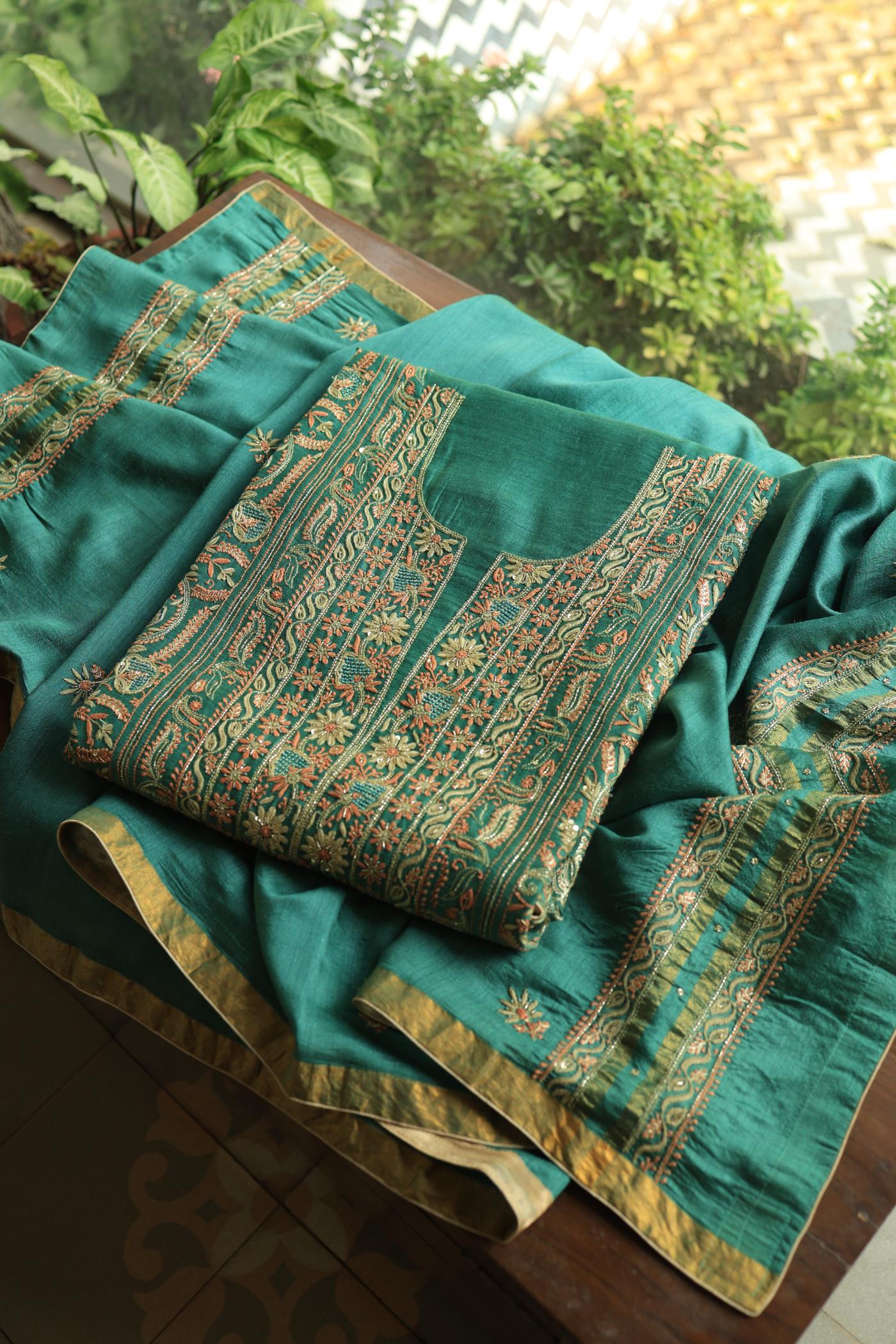 Dusty Teal Shade Moonga Silk Chikankari Unstitched Fabric