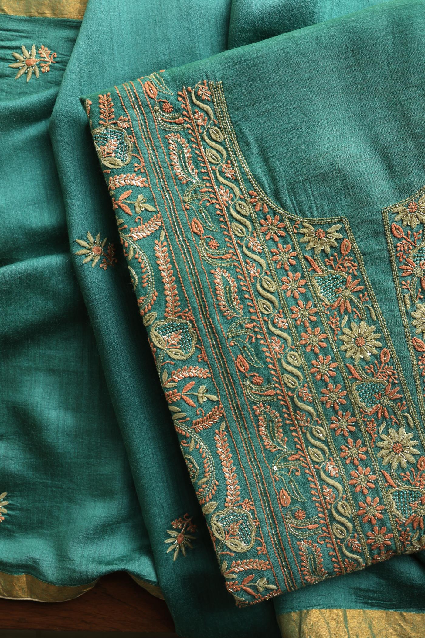 Dusty Teal Shade Moonga Silk Chikankari Unstitched Fabric