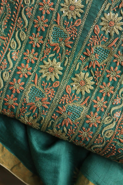 Dusty Teal Shade Moonga Silk Chikankari Unstitched Fabric