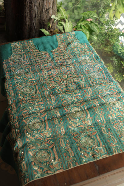 Dusty Teal Shade Moonga Silk Chikankari Unstitched Fabric