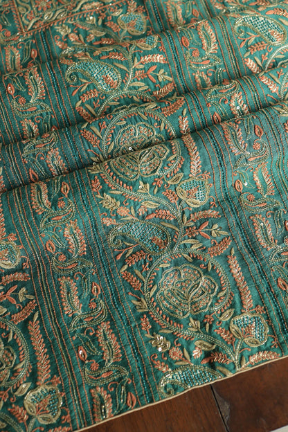 Dusty Teal Shade Moonga Silk Chikankari Unstitched Fabric