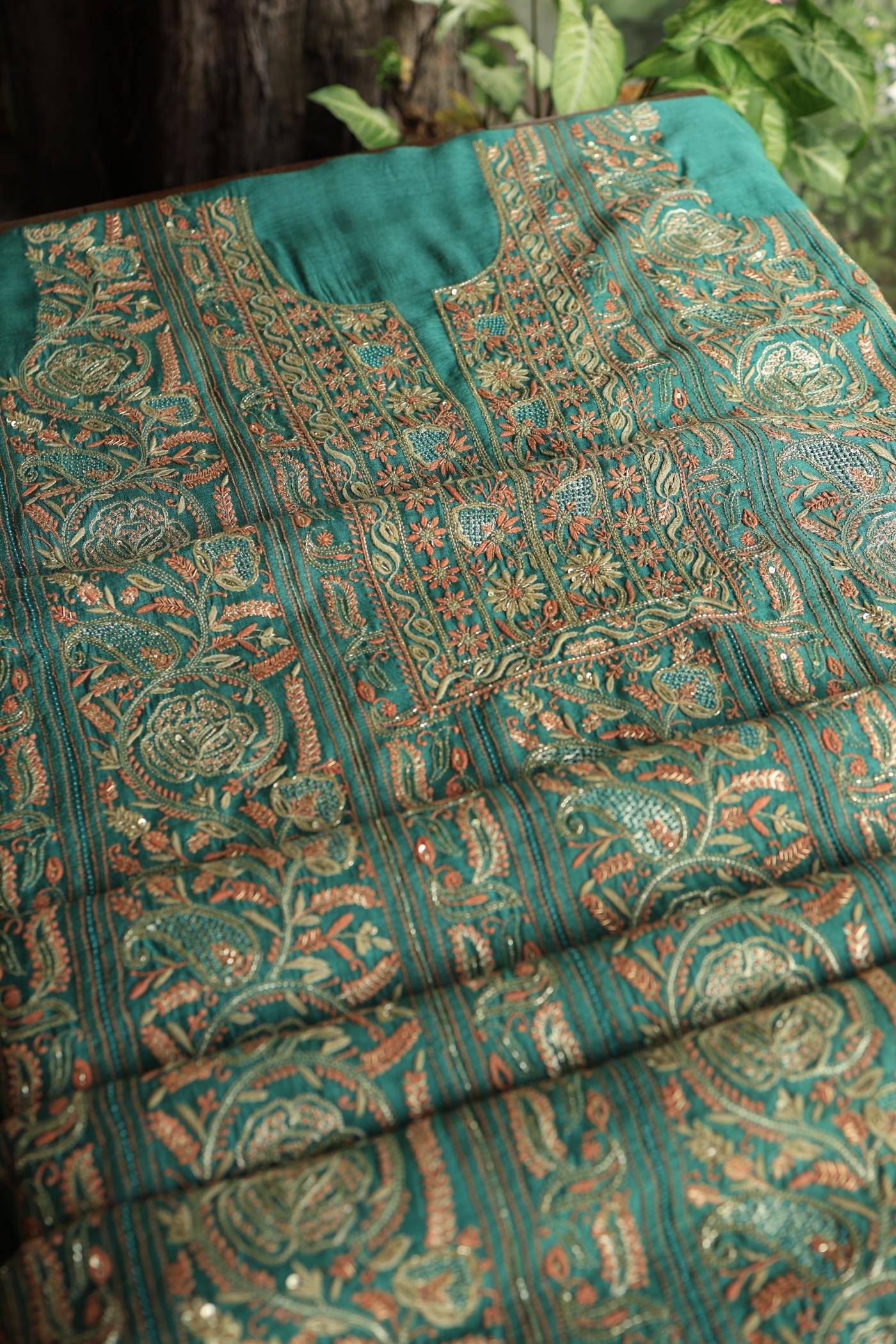 Dusty Teal Shade Moonga Silk Chikankari Unstitched Fabric