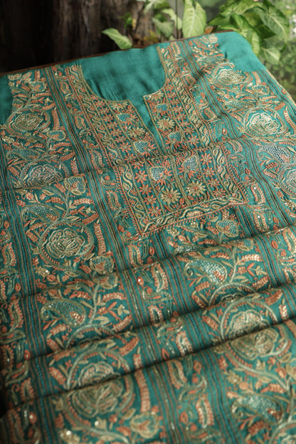 Dusty Teal Shade Moonga Silk Chikankari Unstitched Fabric
