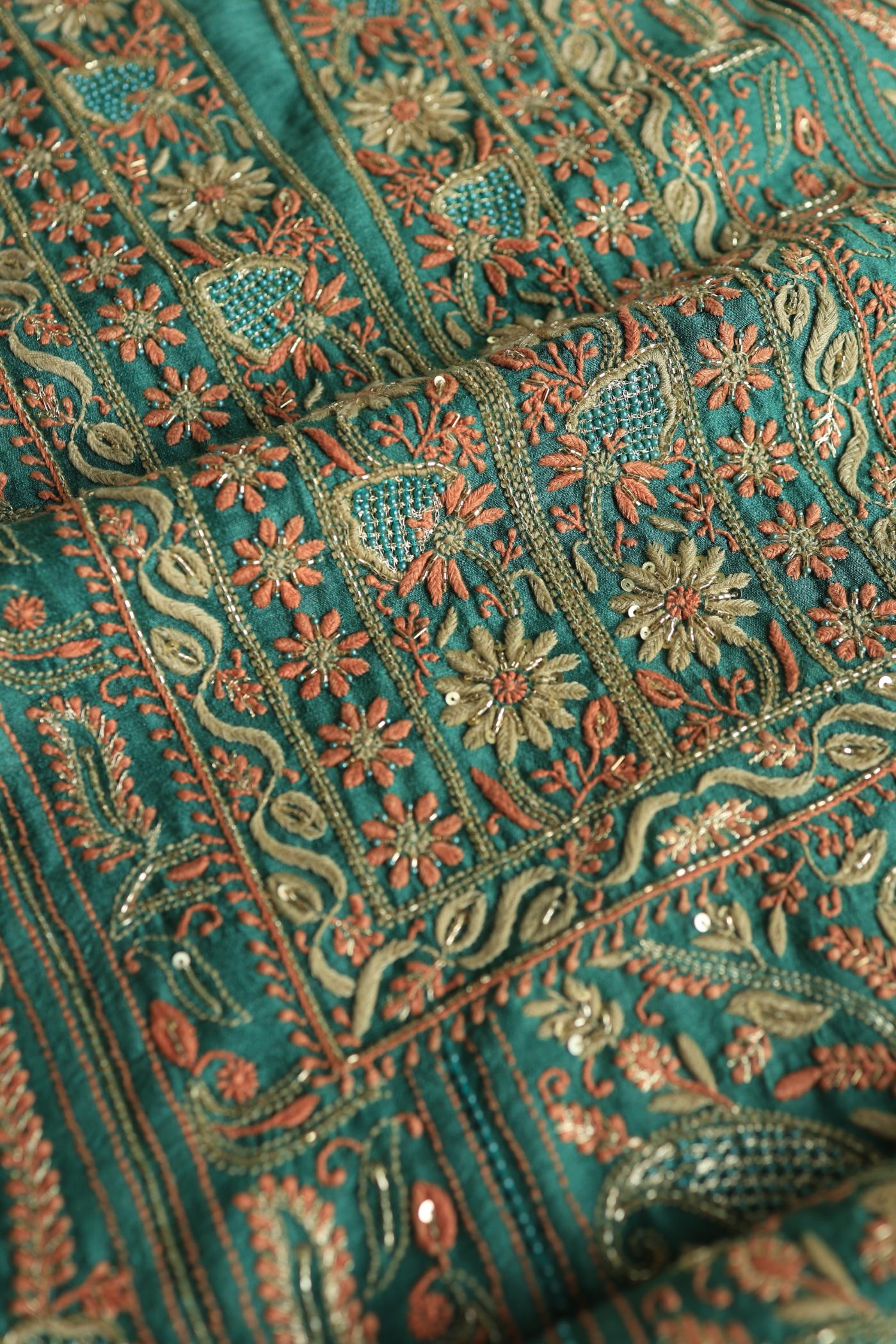 Dusty Teal Shade Moonga Silk Chikankari Unstitched Fabric