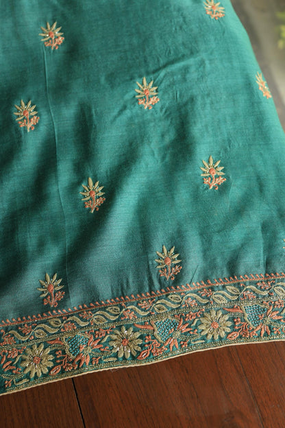 Dusty Teal Shade Moonga Silk Chikankari Unstitched Fabric