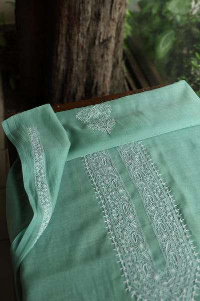 Dusty Teal Shade Mulmul Chikankari Unstitched Men's Kurtas Fabric