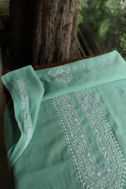 Dusty Teal Shade Mulmul Chikankari Unstitched Men's Kurtas Fabric