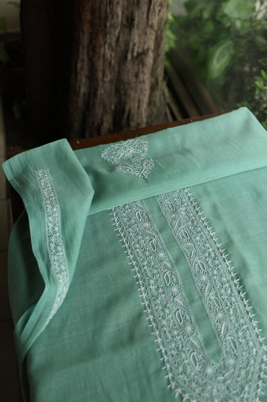 Dusty Teal Shade Mulmul Chikankari Unstitched Men's Kurtas Fabric