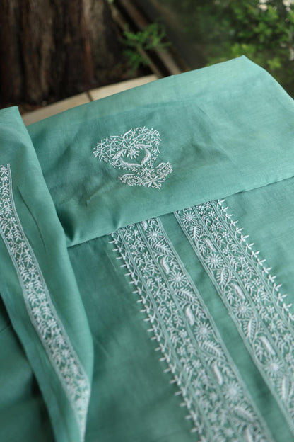 Dusty Teal Shade Mulmul Chikankari Unstitched Men's Kurtas Fabric