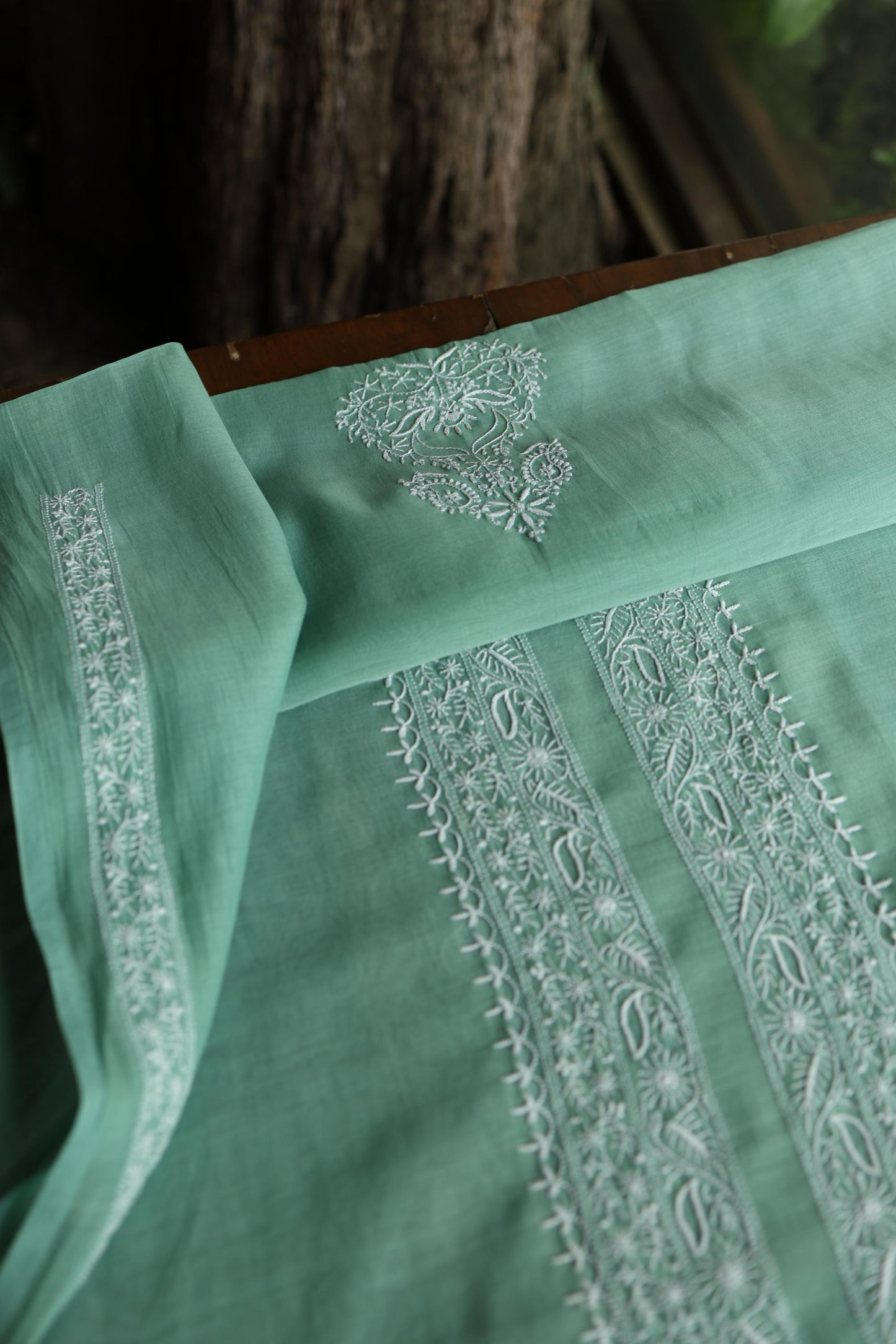 Dusty Teal Shade Mulmul Chikankari Unstitched Men's Kurtas Fabric