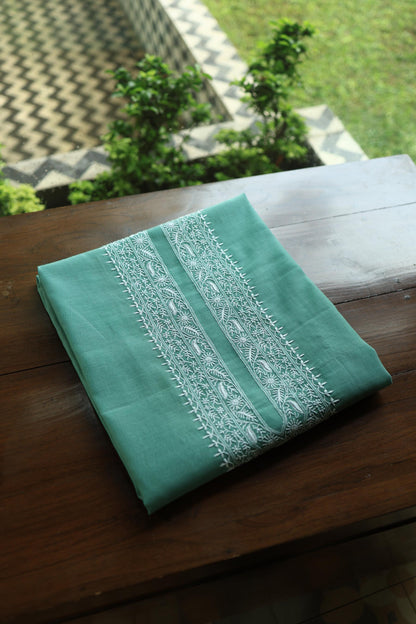 Dusty Teal Shade Mulmul Chikankari Unstitched Men's Kurtas Fabric