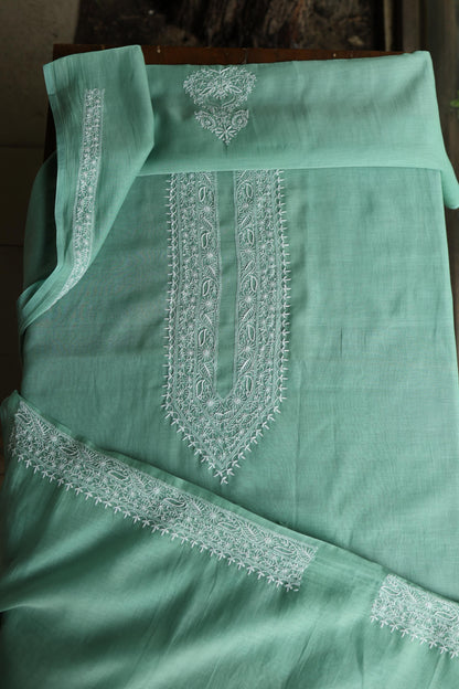 Dusty Teal Shade Mulmul Chikankari Unstitched Men's Kurtas Fabric