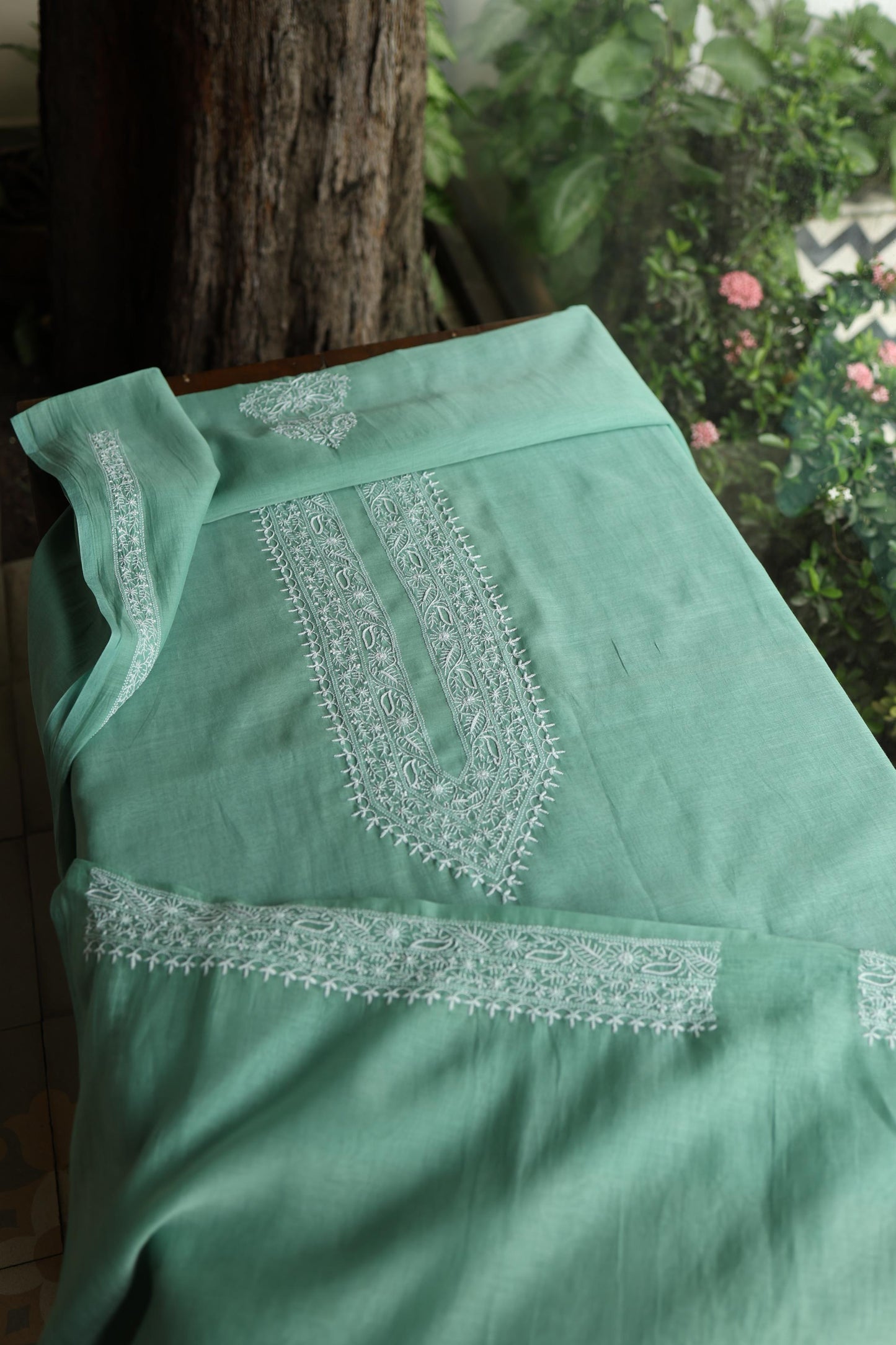 Dusty Teal Shade Mulmul Chikankari Unstitched Men's Kurtas Fabric