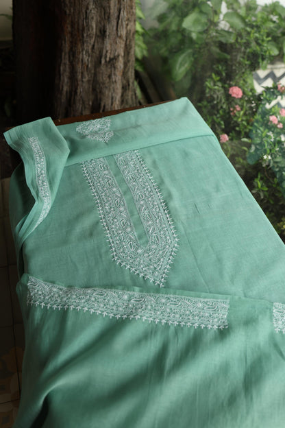 Dusty Teal Shade Mulmul Chikankari Unstitched Men's Kurtas Fabric