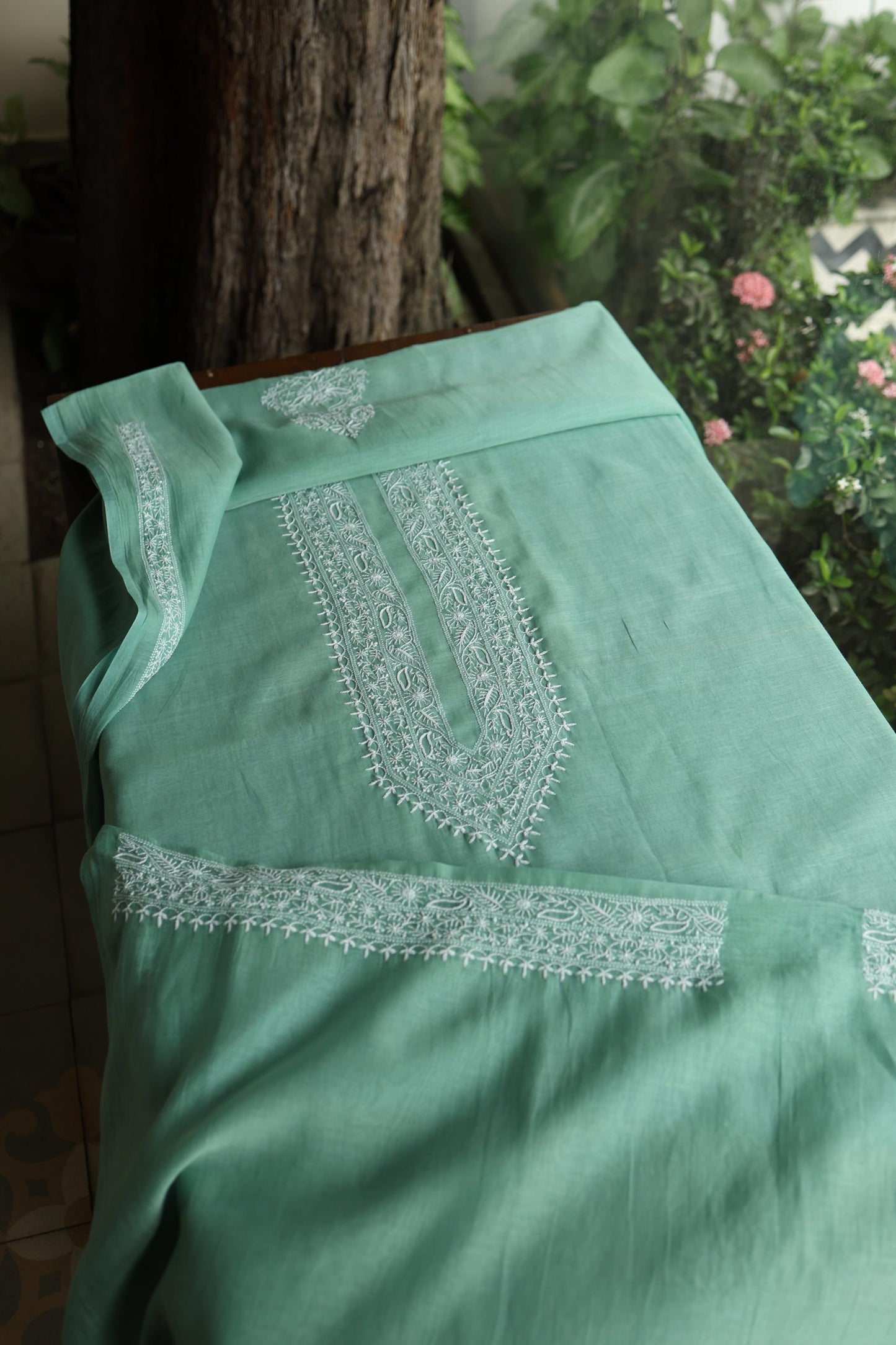 Dusty Teal Shade Mulmul Chikankari Unstitched Men's Kurtas Fabric