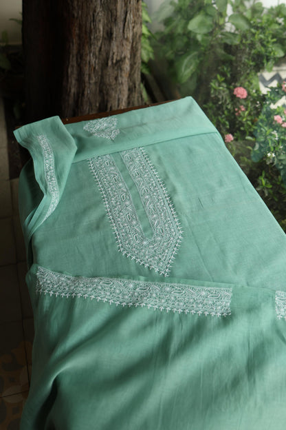Dusty Teal Shade Mulmul Chikankari Unstitched Men's Kurtas Fabric