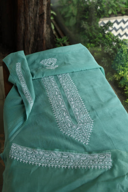 Dusty Teal Shade Mulmul Chikankari Unstitched Men's Kurtas Fabric