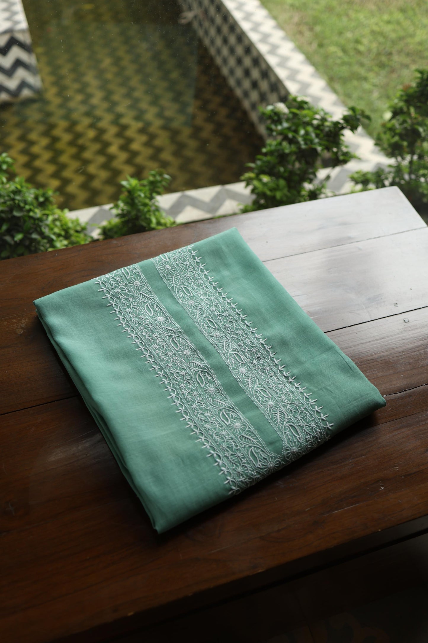 Dusty Teal Shade Mulmul Chikankari Unstitched Men's Kurtas Fabric