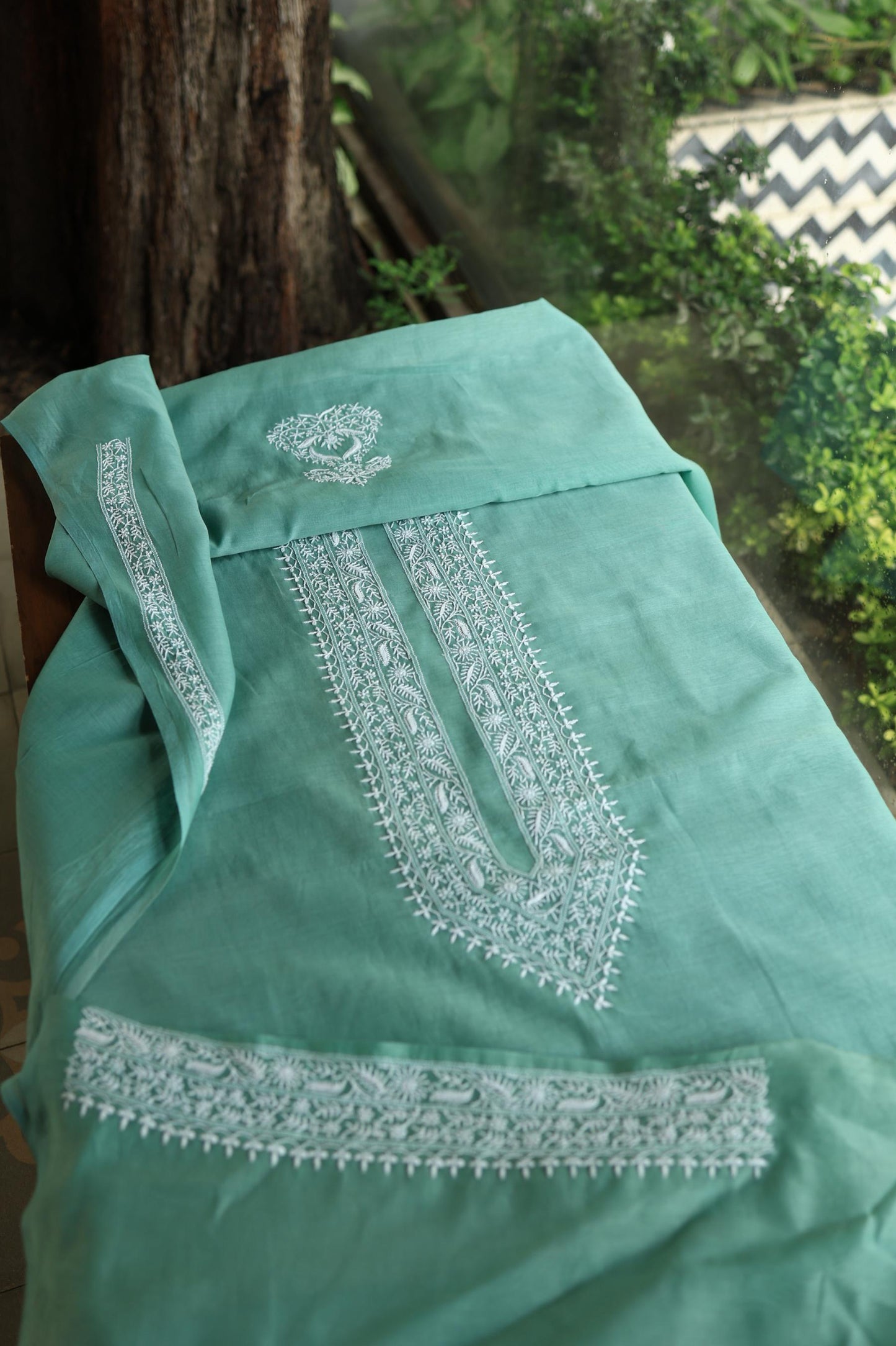 Dusty Teal Shade Mulmul Chikankari Unstitched Men's Kurtas Fabric