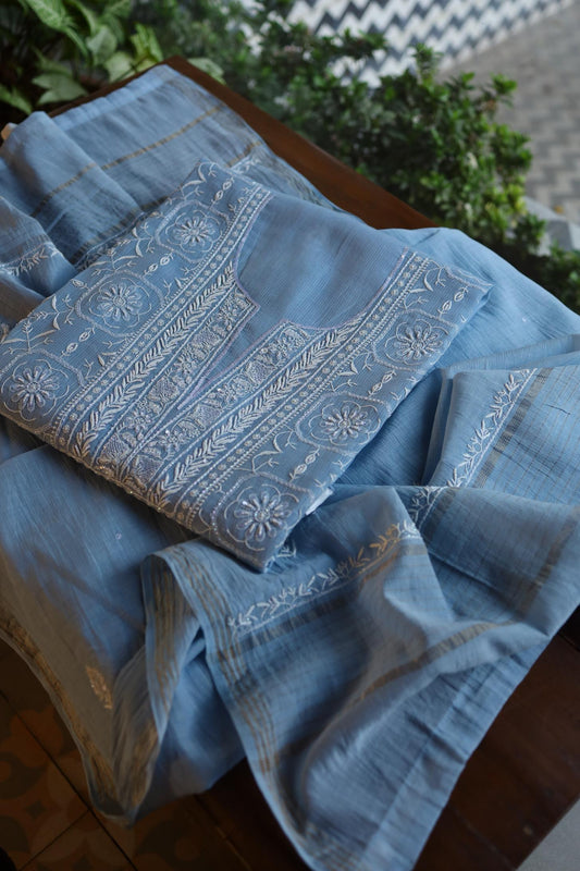 Faded Blue Shade Mal Chanderi Silk Chikankari Unstitched Fabric