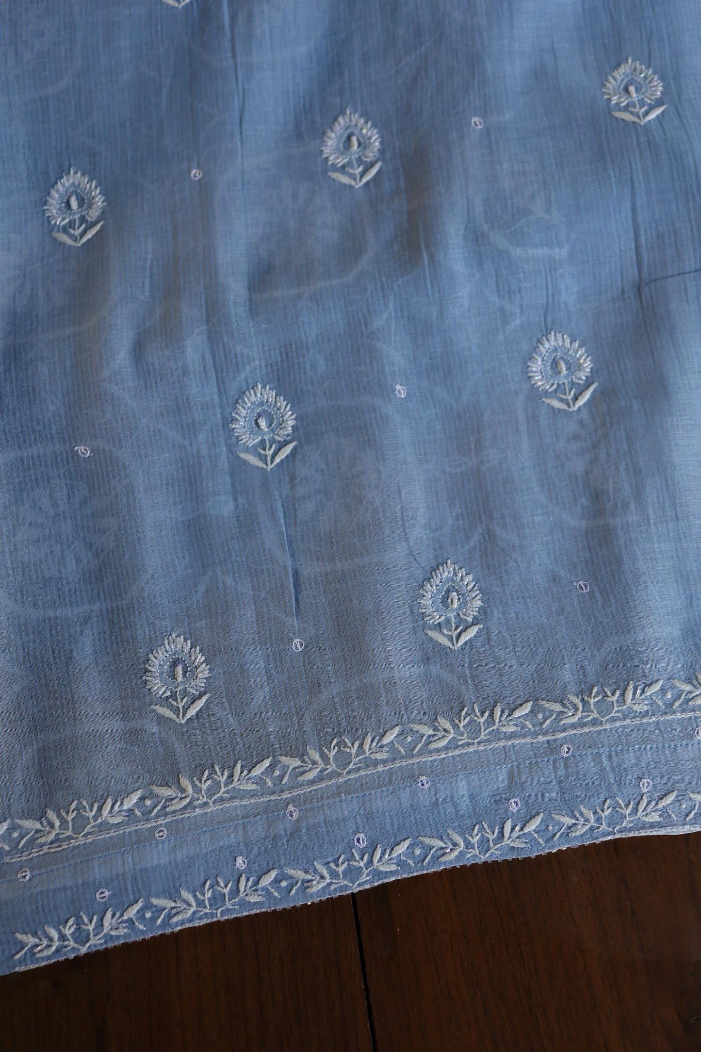 Faded Blue Shade Mal Chanderi Silk Chikankari Unstitched Fabric