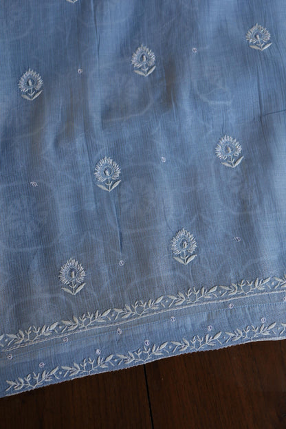 Faded Blue Shade Mal Chanderi Silk Chikankari Unstitched Fabric