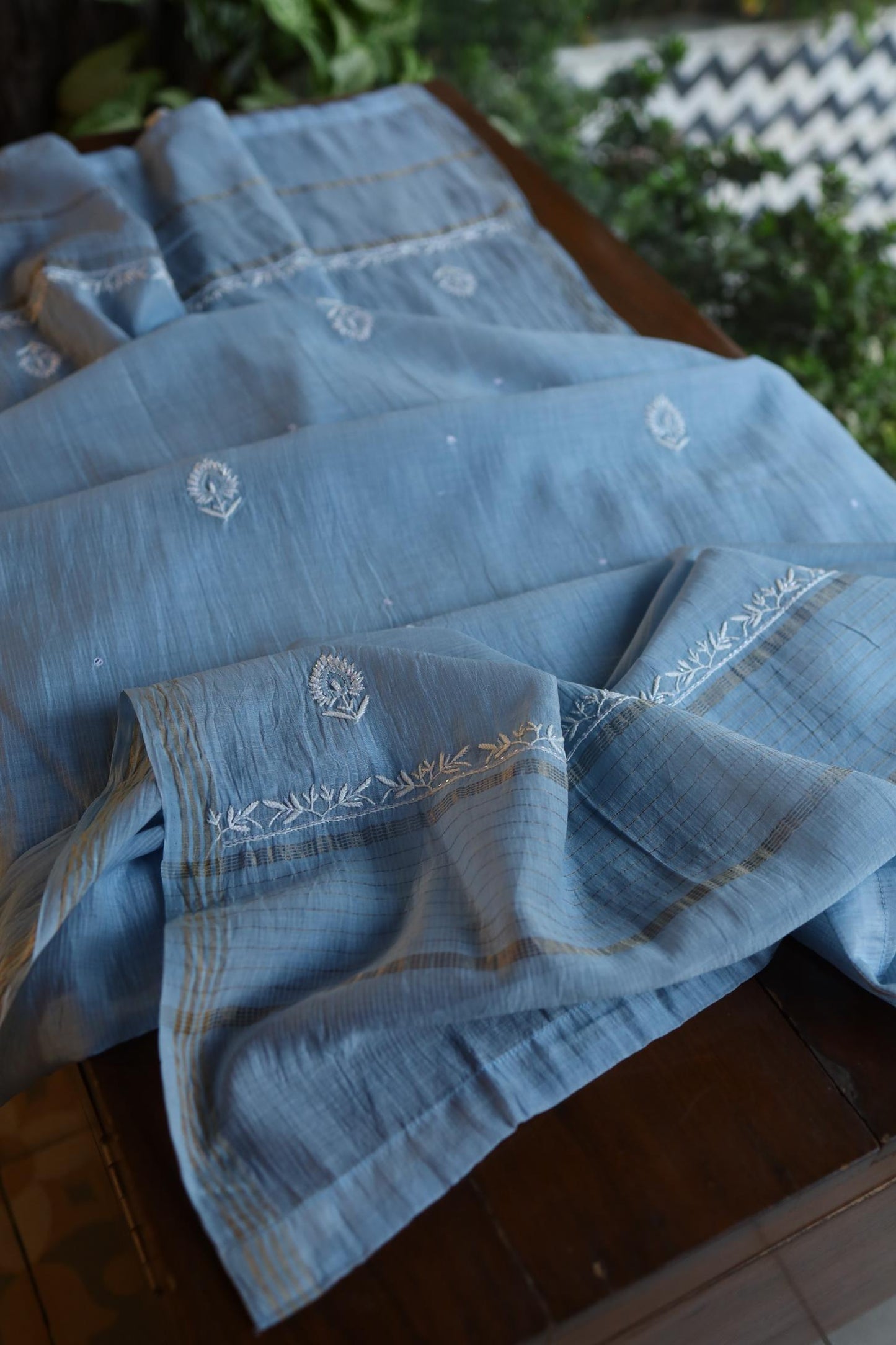 Faded Blue Shade Mal Chanderi Silk Chikankari Unstitched Fabric
