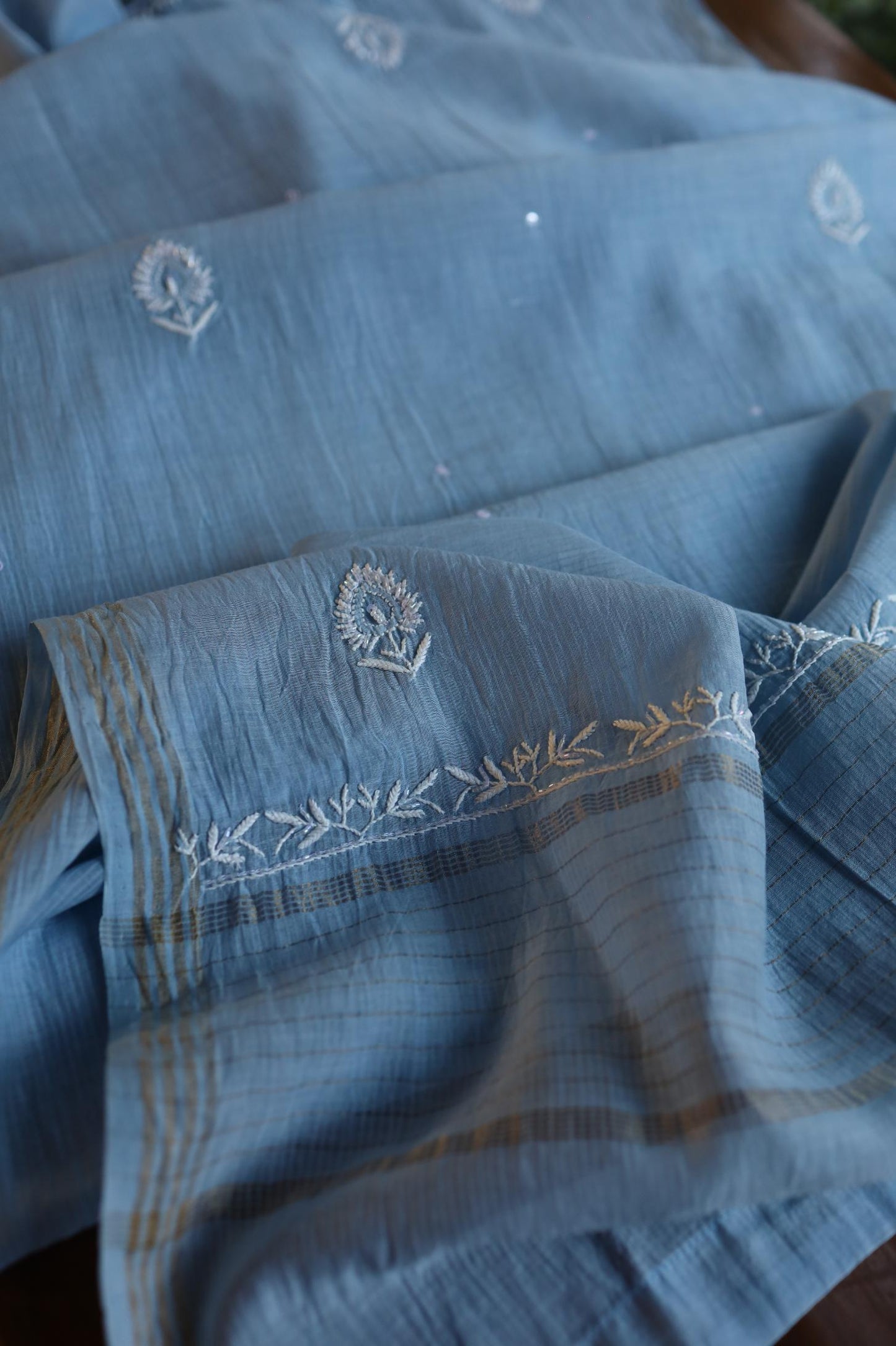 Faded Blue Shade Mal Chanderi Silk Chikankari Unstitched Fabric