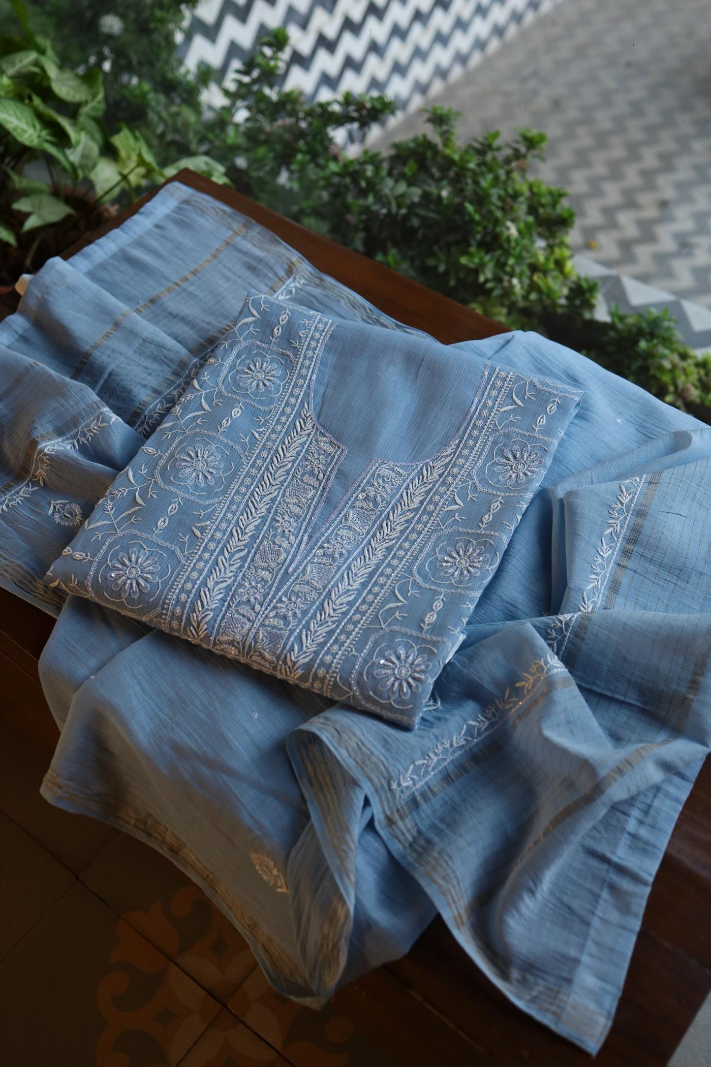 Faded Blue Shade Mal Chanderi Silk Chikankari Unstitched Fabric