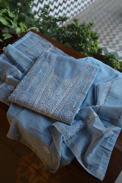 Faded Blue Shade Mal Chanderi Silk Chikankari Unstitched Fabric