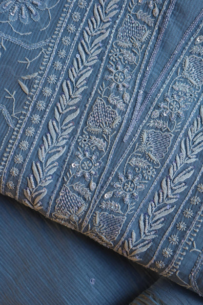 Faded Blue Shade Mal Chanderi Silk Chikankari Unstitched Fabric