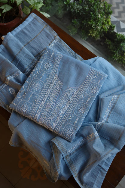 Faded Blue Shade Mal Chanderi Silk Chikankari Unstitched Fabric