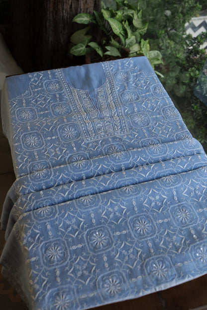 Faded Blue Shade Mal Chanderi Silk Chikankari Unstitched Fabric