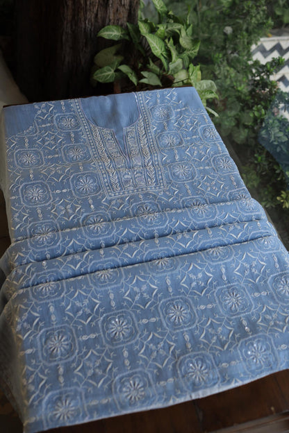 Faded Blue Shade Mal Chanderi Silk Chikankari Unstitched Fabric