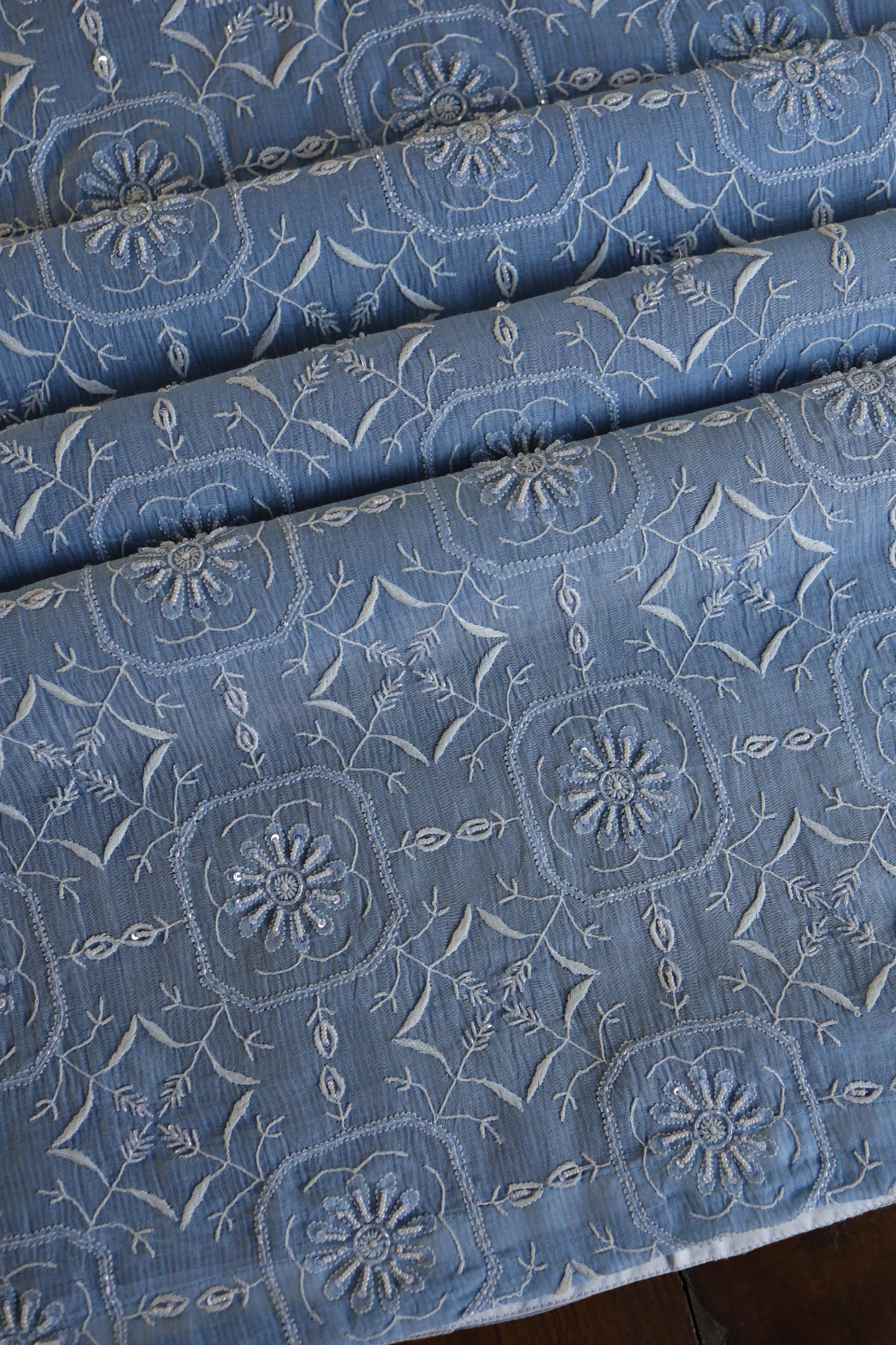 Faded Blue Shade Mal Chanderi Silk Chikankari Unstitched Fabric
