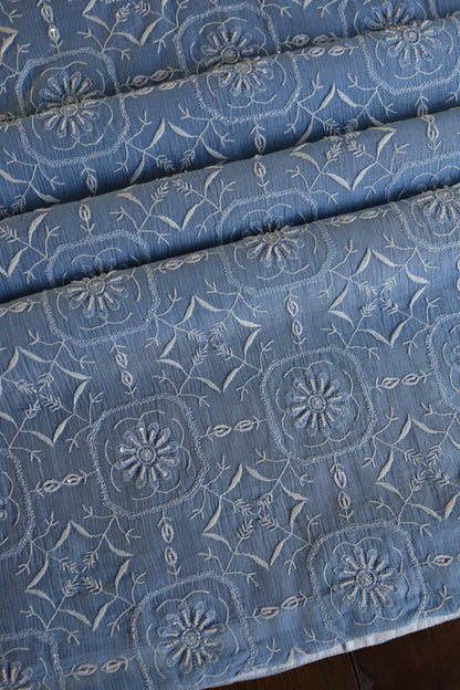 Faded Blue Shade Mal Chanderi Silk Chikankari Unstitched Fabric
