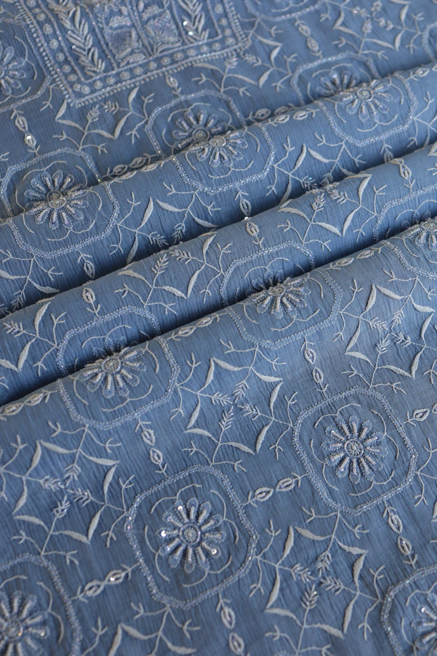 Faded Blue Shade Mal Chanderi Silk Chikankari Unstitched Fabric