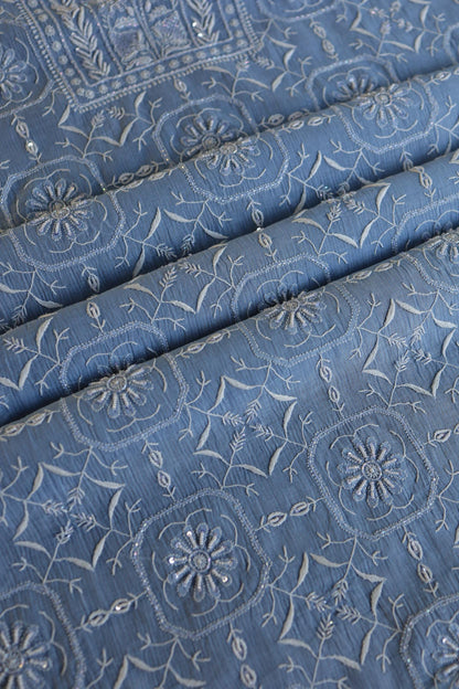 Faded Blue Shade Mal Chanderi Silk Chikankari Unstitched Fabric