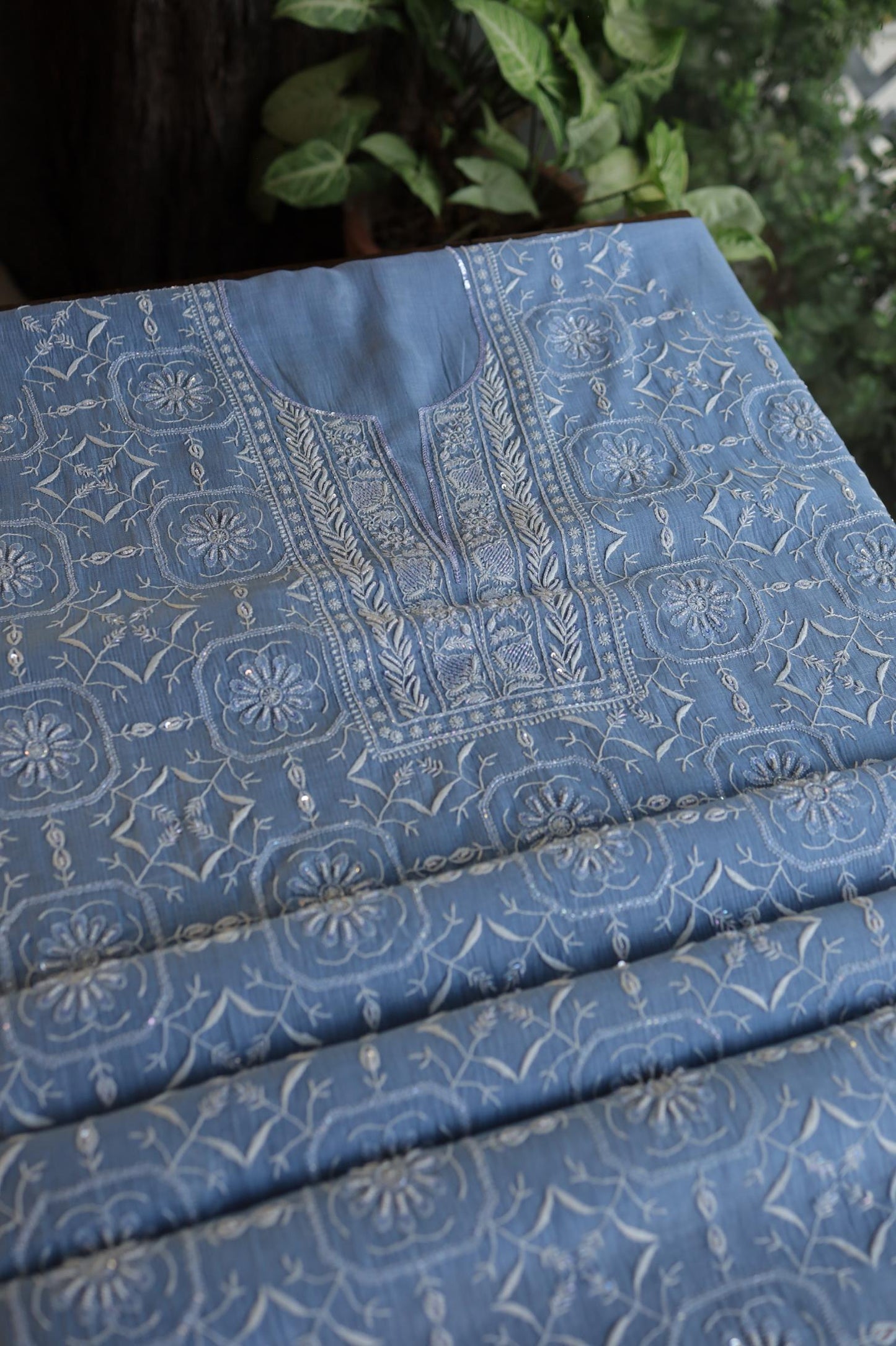 Faded Blue Shade Mal Chanderi Silk Chikankari Unstitched Fabric