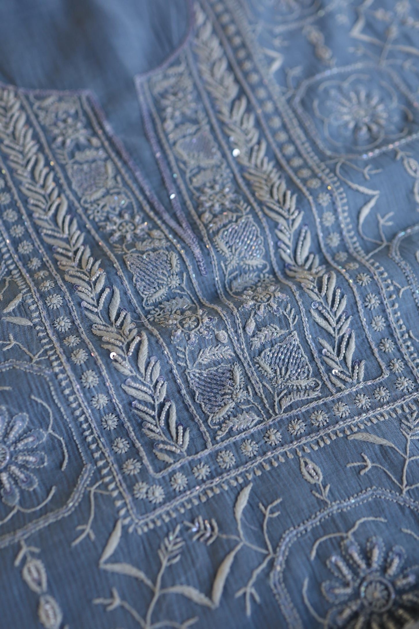 Faded Blue Shade Mal Chanderi Silk Chikankari Unstitched Fabric