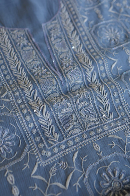 Faded Blue Shade Mal Chanderi Silk Chikankari Unstitched Fabric