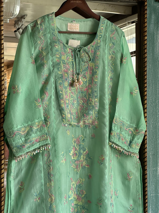 Faded Green Multi Coloured Noor Organza Resham Chikankari Kurta Set