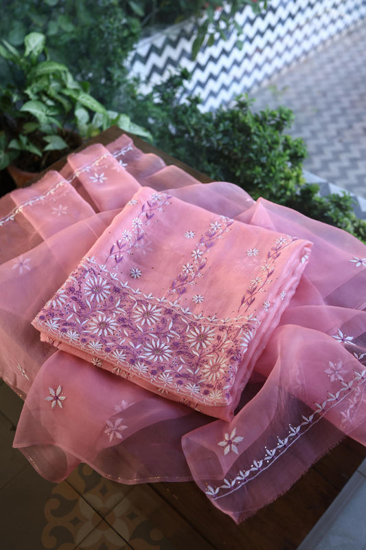 Faded Pink Shade Organza Silk Chikankari Unstitched Fabric