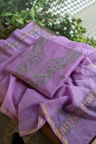 Faded Purple Mal Cotton Chikankari Unstitched Kurta Dupatta Fabrics With Kamdani