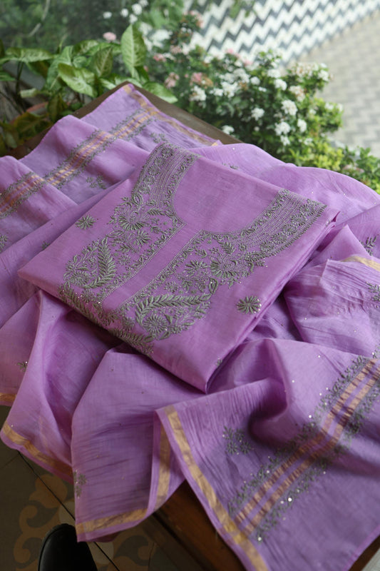 Faded Purple Mal Cotton Chikankari Unstitched Kurta Dupatta Fabrics With Kamdani