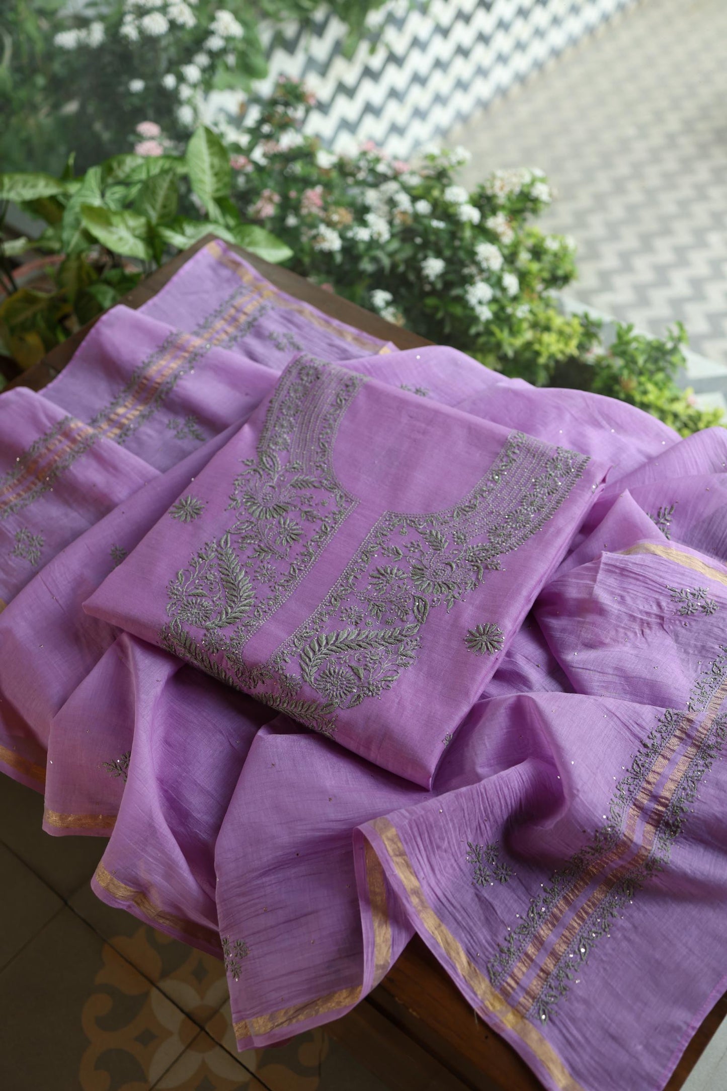 Faded Purple Mal Cotton Chikankari Unstitched Kurta Dupatta Fabrics With Kamdani