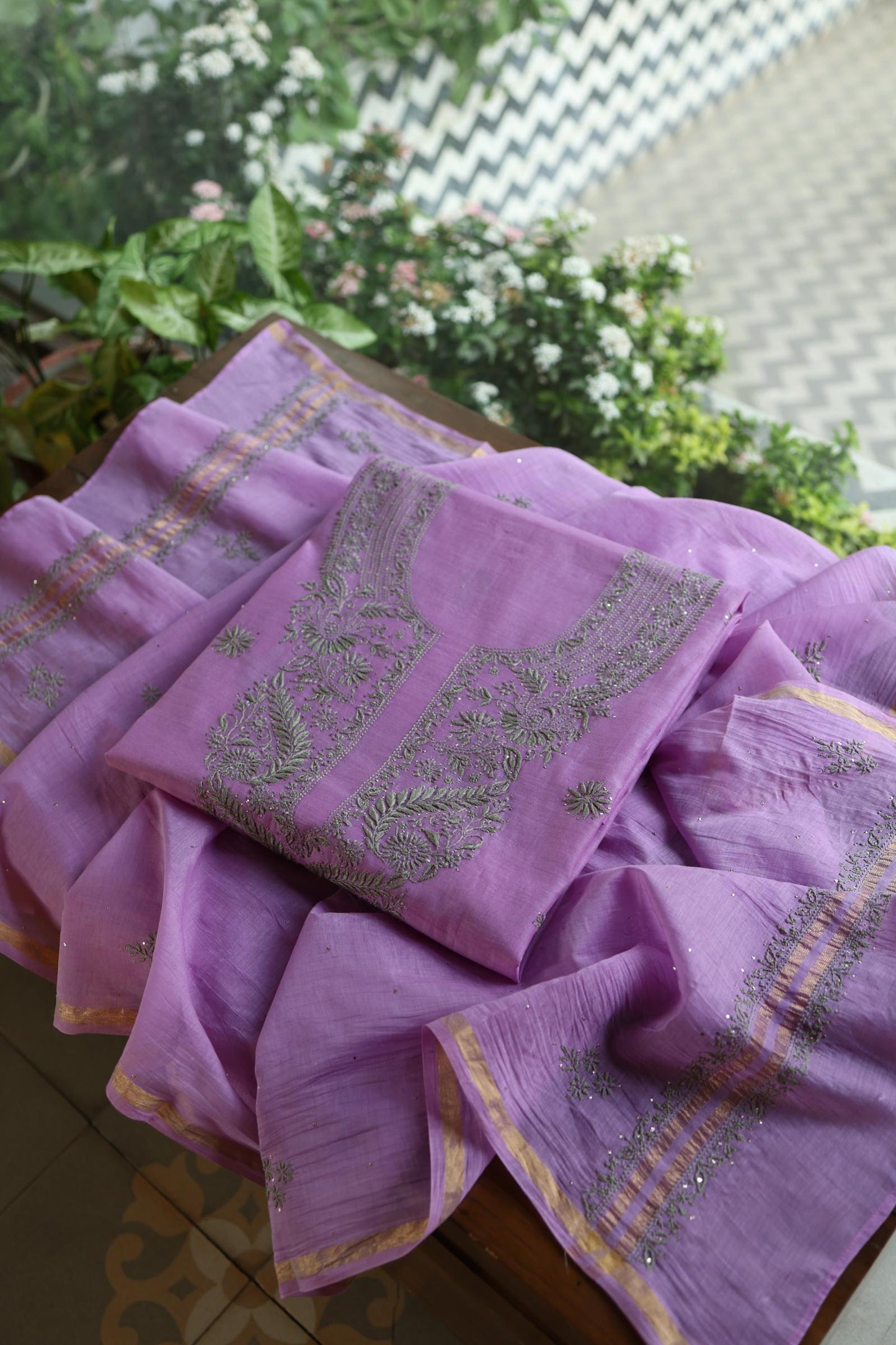Faded Purple Mal Cotton Chikankari Unstitched Kurta Dupatta Fabrics With Kamdani
