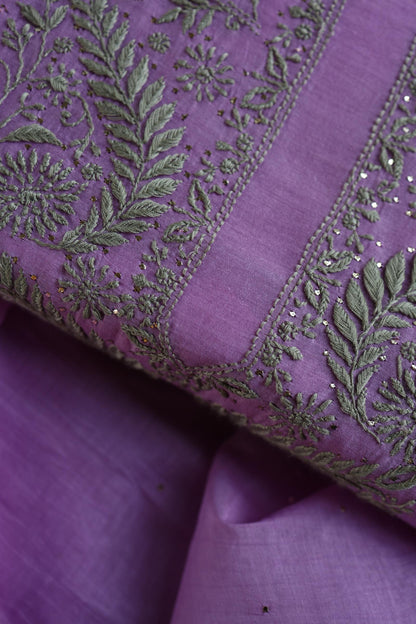 Faded Purple Mal Cotton Chikankari Unstitched Kurta Dupatta Fabrics With Kamdani