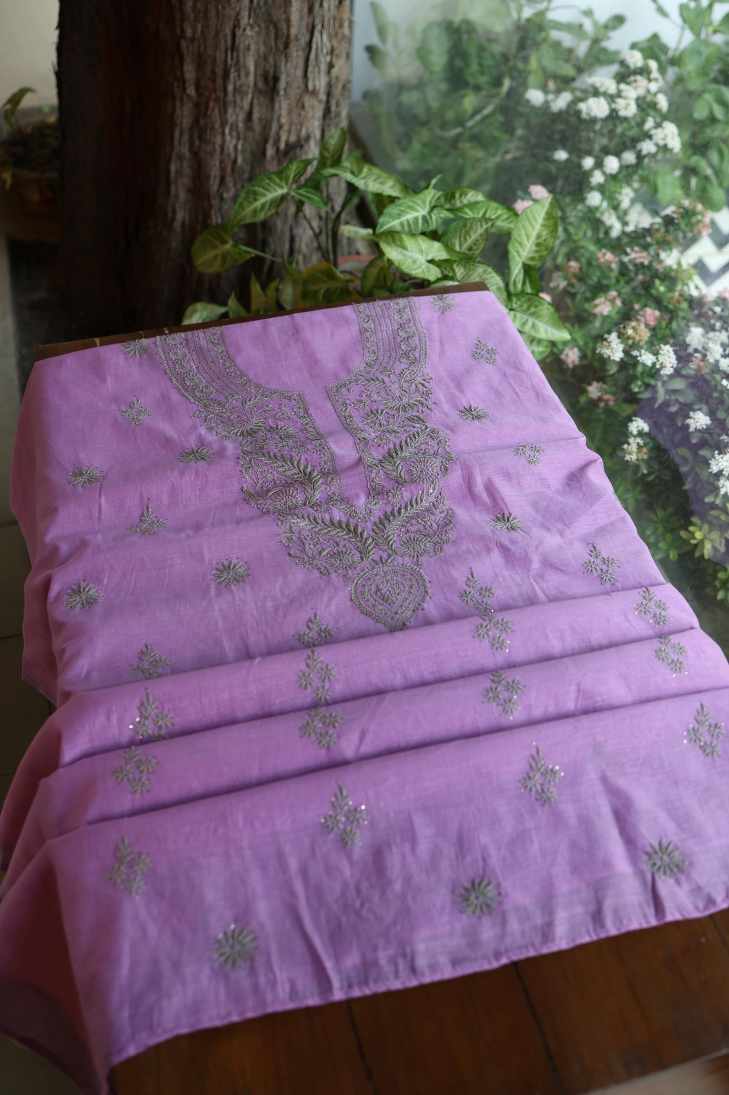 Faded Purple Mal Cotton Chikankari Unstitched Kurta Dupatta Fabrics With Kamdani