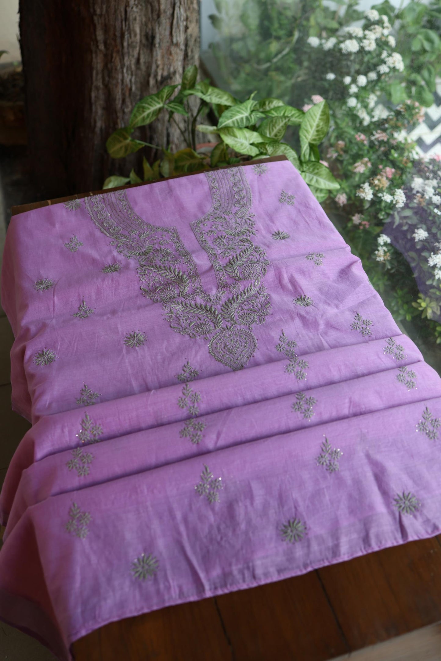 Faded Purple Mal Cotton Chikankari Unstitched Kurta Dupatta Fabrics With Kamdani